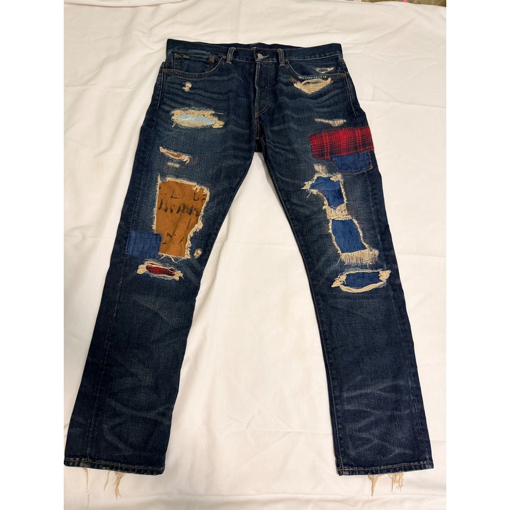 Polo Ralph Lauren Varick Slim Straight Distressed Patchwork Jeans 32x30